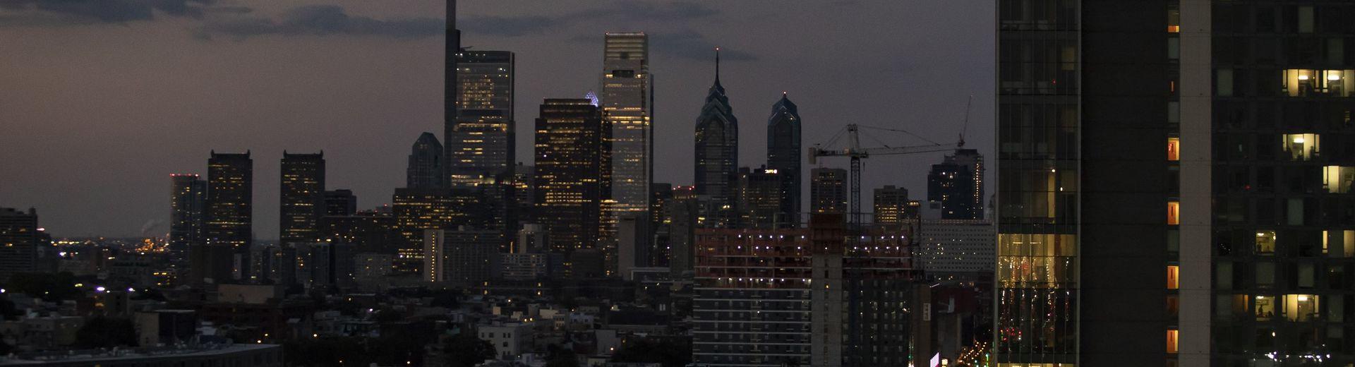 The downtown Philadelphia skyline at dusk.