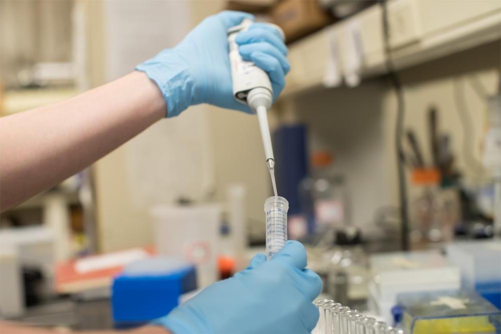 Image shows a pair of gloved hands in a lab squeezing a liquid from a tube into a vial.